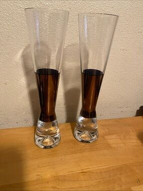 Pair of Tom Dixon Tall Clear Glass Vases with Amber Accent